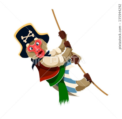 Cartoon vector monkey animal pirate character swinging on a rope with striped pants and red vest. Funny corsair wears a black pirate hat with skull, holding tightly with both hands while grinning 135944292