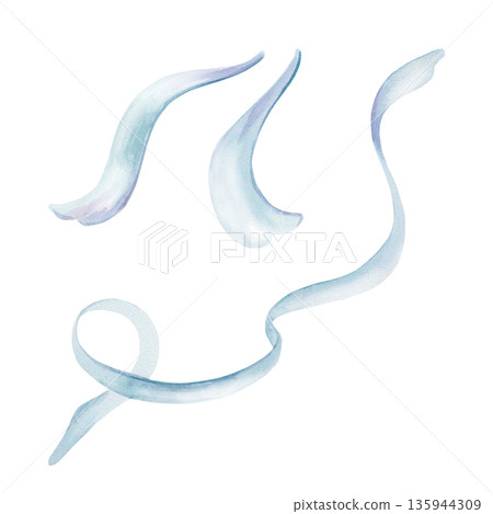 Set of wavy blue silk ribbons and bow fragments,embodying soft freshness of spring and Easter design.Delicate watercolor sheen for holiday branding,gift decor,feminine craft projects Set of wavy blue silk ribbons and bow fragments,embodying soft freshness of spring and Easter design.Delicate watercolor sheen for holiday branding,gift decor,feminine craft projects 135944309