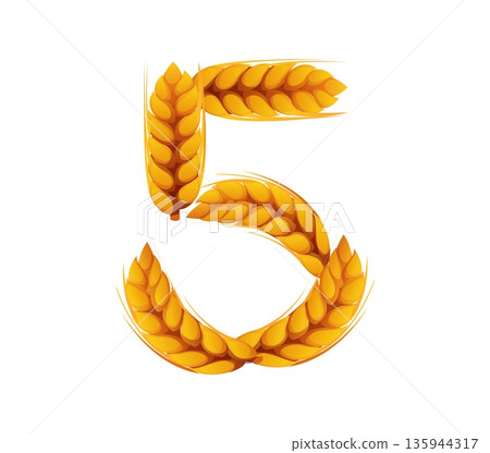 Cartoon golden wheat ears form number five math symbol. Vector agriculture typeface, farm font, harvest type, funny agricultural. Digit 5 with natural cereal grains, decorative rural mathematics sign Cartoon golden wheat ears form number five math symbol. Vector agriculture typeface, farm font, harvest type, funny agricultural. Digit 5 with natural cereal grains, decorative rural mathematics sign 135944317