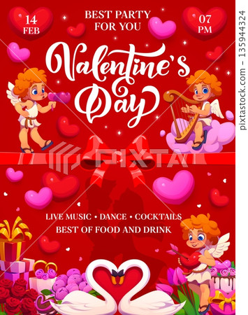 Valentine Day party flyer of cartoon funny Cupids, love hearts and romantic couple vector silhouette. Cute cherub Cupids, gifts, flowers and sweets, red ribbons and bow on Valentine Day party flyer Valentine Day party flyer of cartoon funny Cupids, love hearts and romantic couple vector silhouette. Cute cherub Cupids, gifts, flowers and sweets, red ribbons and bow on Valentine Day party flyer 135944324