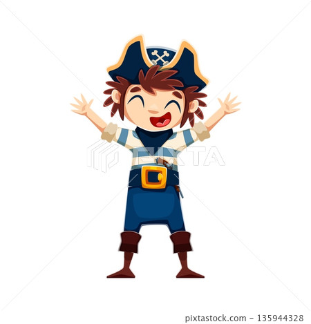 Cartoon funny kid boy pirate corsair rejoicing with raised arms. Vector young child dressed as a sea sailor or captain, complete with crossbones hat and costume, cheerfully smiling with happy face 135944328