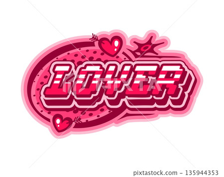 Valentine's red Y2K streetwear lover icon. Love apparel text funky print, romance brand futuristic vintage vector emblem. St Valentine holiday streetwear typography label element or icon Valentine's red Y2K streetwear lover icon. Love apparel text funky print, romance brand futuristic vintage vector emblem. St Valentine holiday streetwear typography label element or icon 135944353