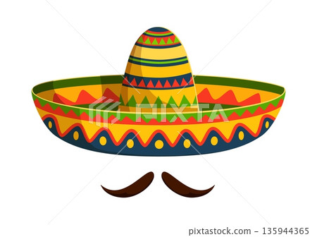 Cartoon mexican cowboy sombrero hat with mustaches. Cinco de Mayo holiday vector sombrero, charro cowboy wide hat. Amigo men costume or mariachi musician outfit or headwear with colorful folk ornament Cartoon mexican cowboy sombrero hat with mustaches. Cinco de Mayo holiday vector sombrero, charro cowboy wide hat. Amigo men costume or mariachi musician outfit or headwear with colorful folk ornament 135944365