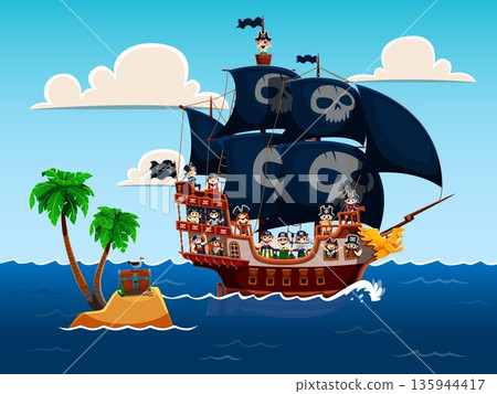 Cartoon funny kid pirates characters on sail corsairs ship and secret treasure island with chest and palm tree in sea. Cartoon vector scene of sailors children on frigate board with black skull flag 135944417