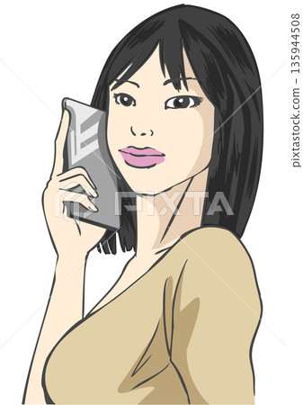 Asian woman trying to make a call on her smartphone Asian woman trying to make a call on her smartphone 135944508