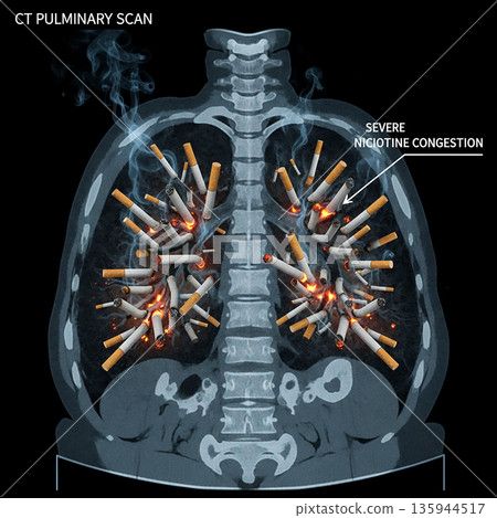 肺部CT影像顯示肺部卡有香菸。 肺部CT影像顯示肺部卡有香菸。 135944517