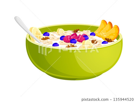 Cartoon oatmeal porridge in green bowl with milk and spoon. Isolated vector healthy breakfast dish topped with raspberry, blueberry, banana, mandarin or walnut pieces. Fresh creamy morning cereal meal 135944520