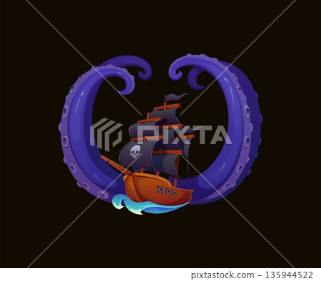 Heraldic pirate game asset with cartoon purple octopus beast tentacles, sail ship with black sails and ocean water waves. Vector nautical emblem with giant kraken tentacles, mythical sea fantasy badge 135944522