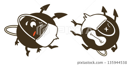 一組描繪口罩如何戰勝病毒的插圖。 135944538