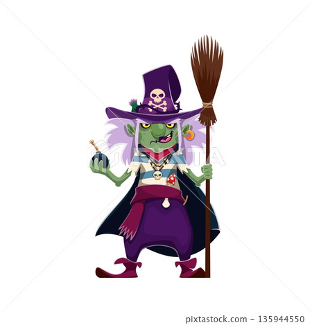 Cartoon Halloween pirate witch character with green skin and wicked grin holding a bomb in one hand and a broomstick in the other. Vector mischievous spooky corsair hag personage dressed in purple hat Cartoon Halloween pirate witch character with green skin and wicked grin holding a bomb in one hand and a broomstick in the other. Vector mischievous spooky corsair hag personage dressed in purple hat 135944550