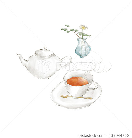 茶壺和茶杯，茶的插圖 135944700