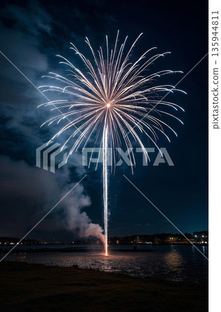 Fireworks blooming on the lake under the night sky Fireworks blooming on the lake under the night sky 135944811