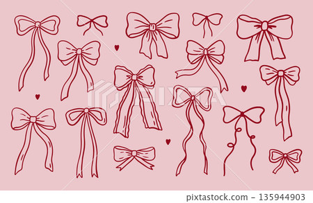 A set of cute red coquette bows and ribbons A set of cute red coquette bows and ribbons 135944903