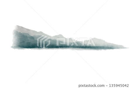 Sketch like watercolor mountains in gray-green hues form distant range for seascape with coastal shoreline.With loose washes and soft edges,for nautical themes,travel blogs,landscape art 135945042