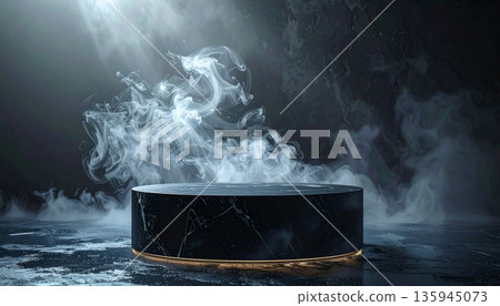 A dark storm cloud of black and white smoke rises like mist against a blue night sky with moon light 135945073