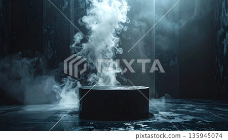 A dark storm cloud of black and white smoke rises like mist against a blue night sky with moon light A dark storm cloud of black and white smoke rises like mist against a blue night sky with moon light 135945074