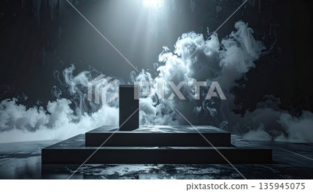A dark storm cloud of black and white smoke rises like mist against a blue night sky with moon light A dark storm cloud of black and white smoke rises like mist against a blue night sky with moon light 135945075