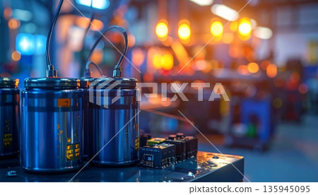 A red electronic circuit board with components mounted like a motherboard rests on a restaurant table near a glass bottle of alcohol and a kitchen candle 135945095