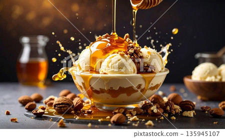 A delicious gourmet dessert of chocolate ice cream served in a white bowl with fresh chocolate sauce makes a sweet and healthy snack A delicious gourmet dessert of chocolate ice cream served in a white bowl with fresh chocolate sauce makes a sweet and healthy snack 135945107