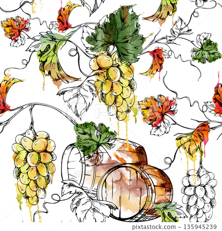 Seamless pattern of grape clusters, vines, leaves and rustic wooden barrel casks. Hand drawn in watercolor and ink for boutique branding, winery product packaging accents, textiles and promotion line 135945239