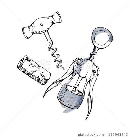 Metal wine opener with wings, T-shaped handle and spiral worm corkscrew barware symbol, cork stopper. Professional sommelier accessory illustration in ink and watercolor for wine clubs, tasting rooms 135945242