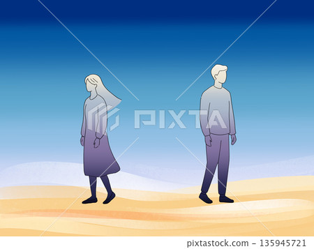 一幅描繪一對男女在海灘上離去的插圖(帶背景) 一幅描繪一對男女在海灘上離去的插圖(帶背景) 135945721