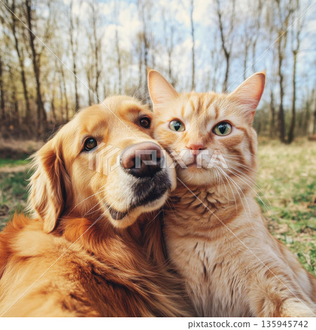 Golden retriever and orange cat pose together in a sunny meadow surrounded by trees in early spring Golden retriever and orange cat pose together in a sunny meadow surrounded by trees in early spring 135945742
