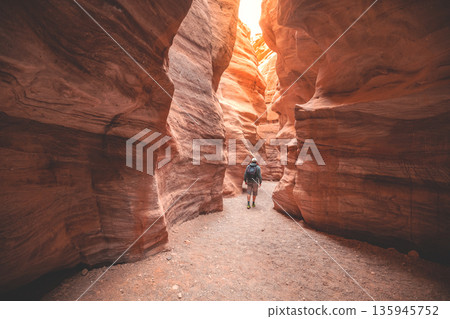 Dry riverbed, wilderness. Desert nature landscape. Sandstone texture. Red canyon in the Negev desert near Eilat in Israel Dry riverbed, wilderness. Desert nature landscape. Sandstone texture. Red canyon in the Negev desert near Eilat in Israel 135945752