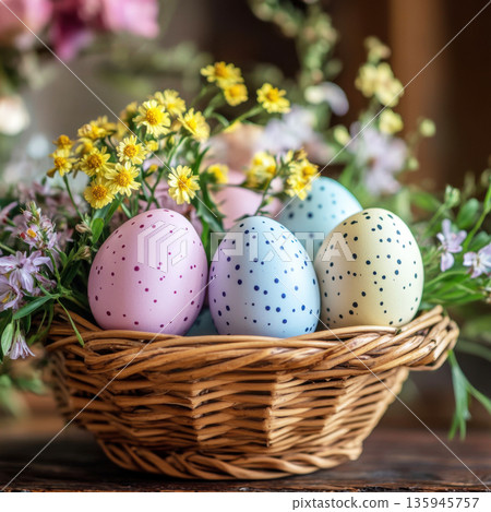 Colorful Easter eggs in a woven basket surrounded by fresh flowers on a spring morning 135945757