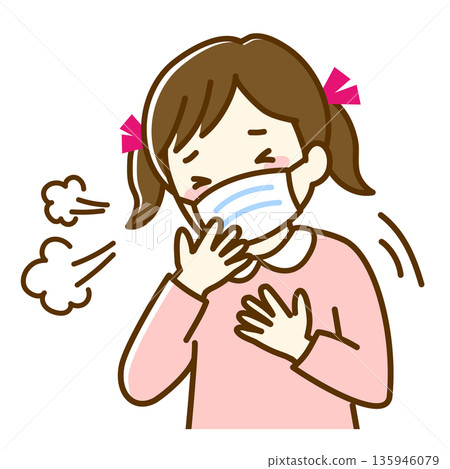 A girl wearing a mask coughing A girl wearing a mask coughing 135946079