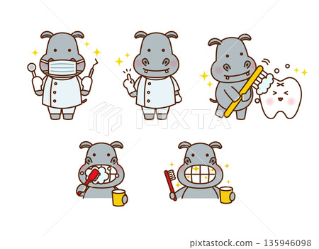 可愛的河馬牙醫和刷牙插圖套裝(牙科、蛀牙預防、兒童適用) 可愛的河馬牙醫和刷牙插圖套裝(牙科、蛀牙預防、兒童適用) 135946098