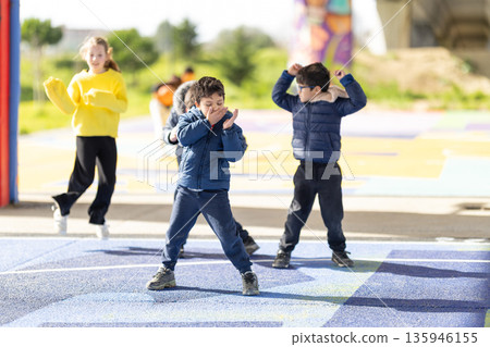 Children playing outdoors with friends on colorful playground 135946155