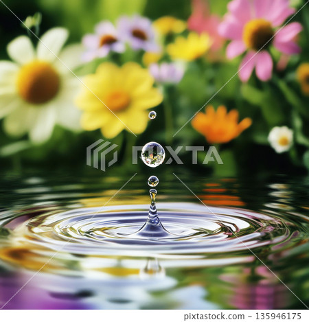 Water droplet creates ripples in a colorful flower garden during a sunny day Water droplet creates ripples in a colorful flower garden during a sunny day 135946175