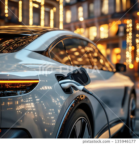 Modern electric vehicle charging under city lights at night showcases sustainable transportation trend Modern electric vehicle charging under city lights at night showcases sustainable transportation trend 135946177