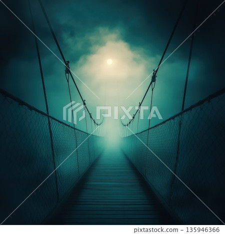 Mysterious hanging bridge shrouded in mist under a moonlit sky at night 135946366