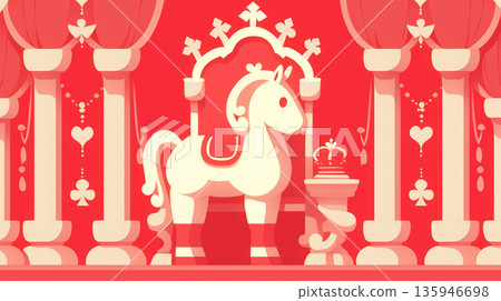 一幅扁平化設計的插圖，描繪了一匹高貴的白馬站在紅色的皇家宮殿中。 135946698