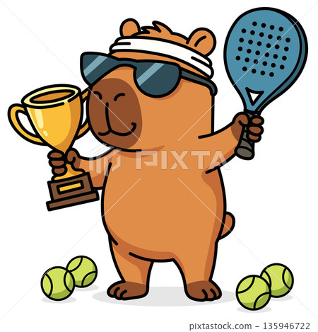 Cool champion capybara with trophy and padel racket. Funny vector character in sunglasses celebrating victory. Cartoon illustration of sports success, winning and leadership on white background. 135946722