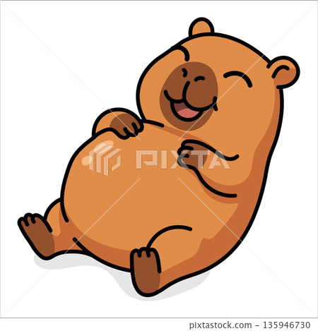 Happy cartoon capybara lying on the back stroking a full belly after a meal. Funny illustration of a satisfied rodent for rest, satiety and laziness concepts isolated on white background. Happy cartoon capybara lying on the back stroking a full belly after a meal. Funny illustration of a satisfied rodent for rest, satiety and laziness concepts isolated on white background. 135946730