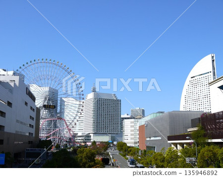 A view of Minato Mirai under the blue sky 135946892