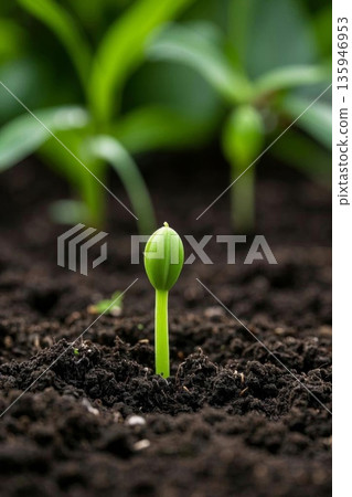 Tender green seedlings breaking through the soil 135946953