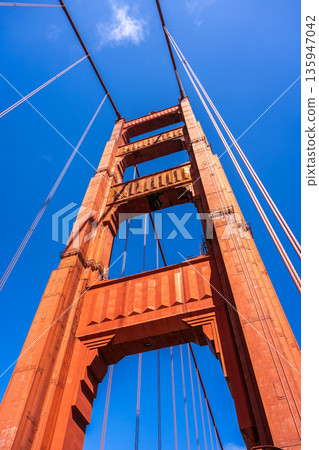 Golden Gate Bridge pedestrian walkway with red cables and blue sky Golden Gate Bridge pedestrian walkway with red cables and blue sky 135947042