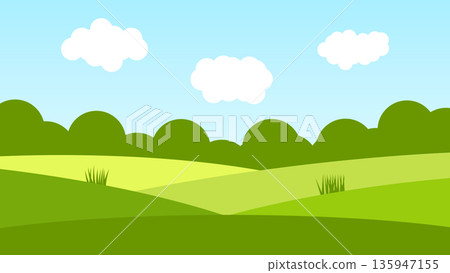 nature landscape cartoon scene. green hills with white fluffy cloud and blue sky nature landscape cartoon scene. green hills with white fluffy cloud and blue sky 135947155