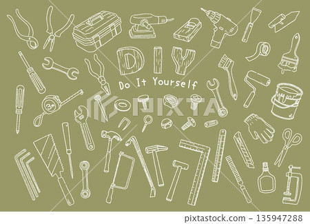 DIY工具手繪插圖集,白色線條圖 DIY工具手繪插圖集,白色線條圖 135947288