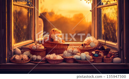 Many colorful eggs in a basket placed by the window 135947300