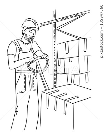 Hand drawn warehouse worker packing cardboard box with tape near storage shelf isolated on white background. This image represents logistics and manual labor concept related to shipping Hand drawn warehouse worker packing cardboard box with tape near storage shelf isolated on white background. This image represents logistics and manual labor concept related to shipping 135947360