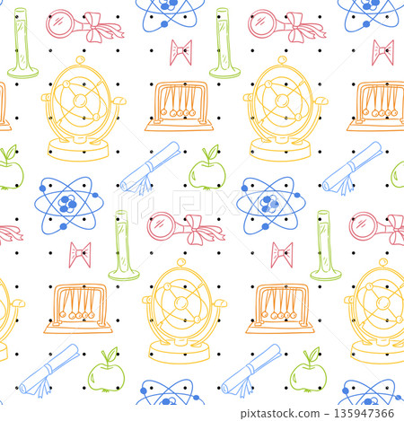 Hand drawn school science seamless pattern with laboratory equipment symbols on white background. This image represents education concept and learning process inspired by science and knowledge 135947366
