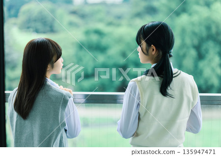 一群高中女生背對著鏡頭,望著窗外聊天。 一群高中女生背對著鏡頭,望著窗外聊天。 135947471