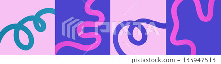 Colorful abstract waves and ribbon shapes form playful background patterns. Gradient lines create modern graphic design with dynamic flow and celebration vibes. 135947513