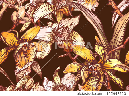 Vanilla orchid botanical seamless pattern. Vanilla orchid botanical seamless pattern. 135947520
