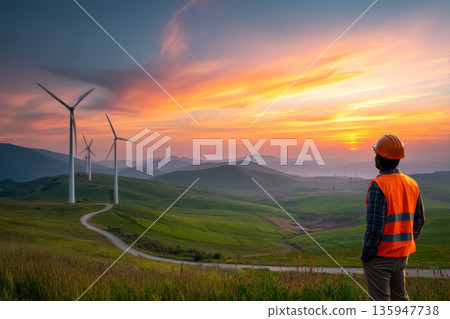 worker in safety gear inspects wind turbine under clear blue sky. 135947738